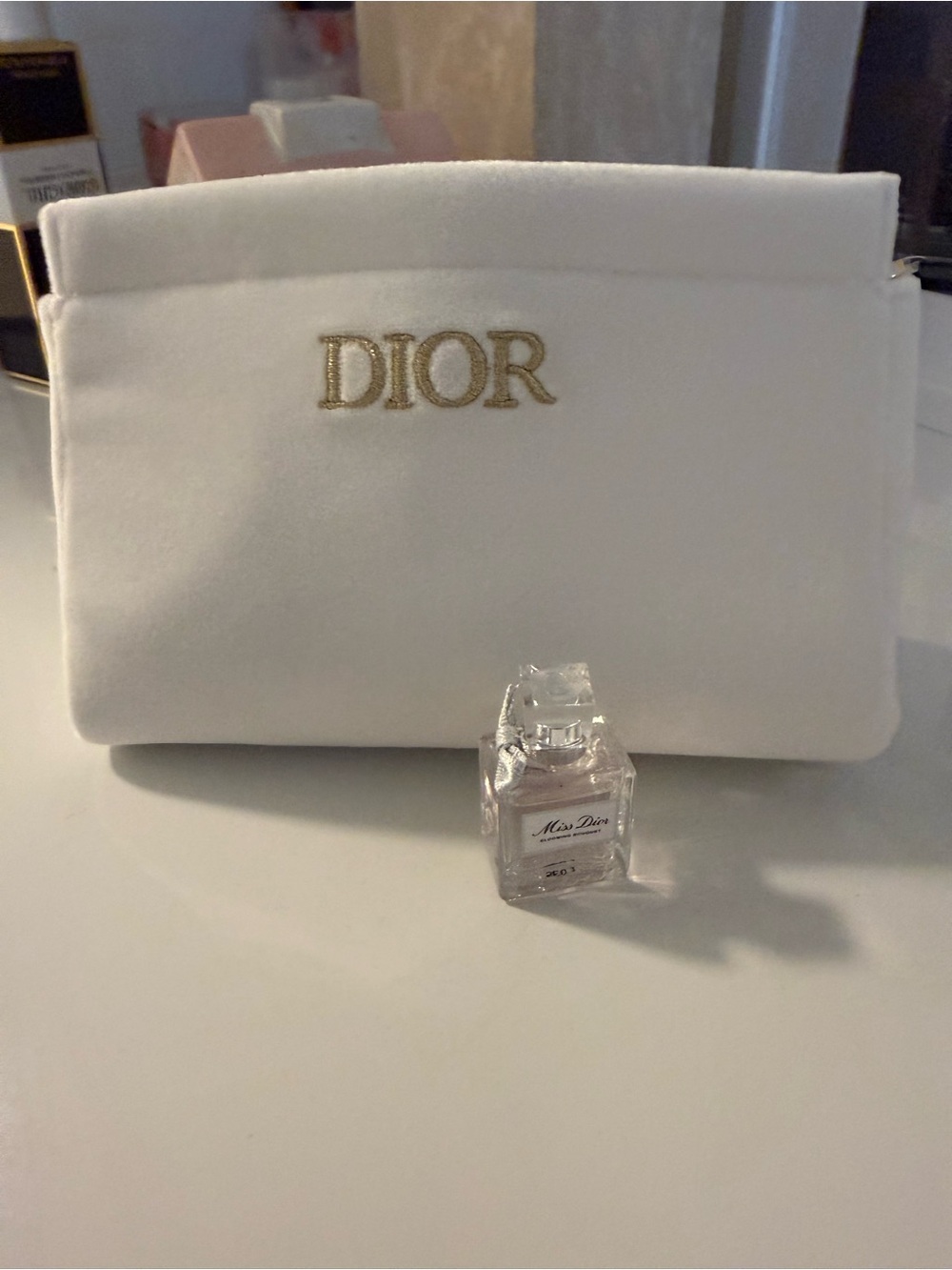 Dior White Cosmetic Pouch with Gold Embroidered Logo - Picture 2 of 4